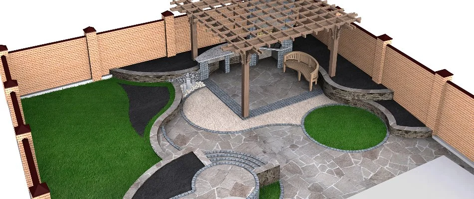 A 3D design rendering of a patio with pergola, turf, and outdoor fireplace in Lubbock, TX.