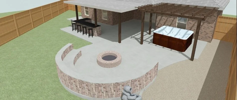 3D design rendering of an outdoor space in Lubbock, TX, with a patio, fire pit, seating wall, and pergola.