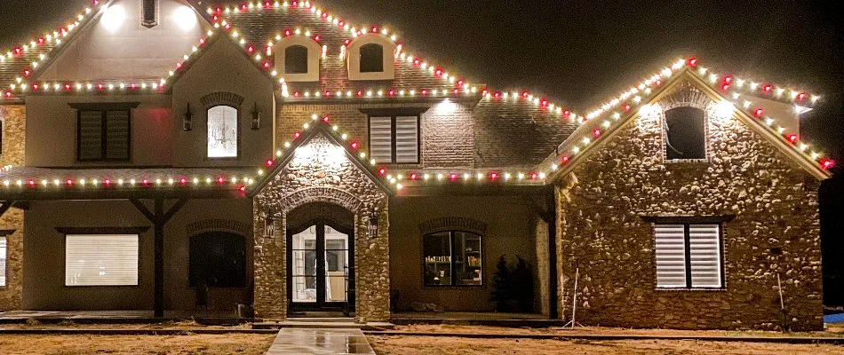 Bright colorful holiday lights on a house in Lubbock, TX.