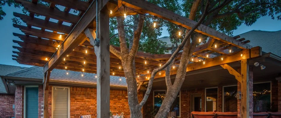 LED light bulbs on a pergola in Lubbock, TX.