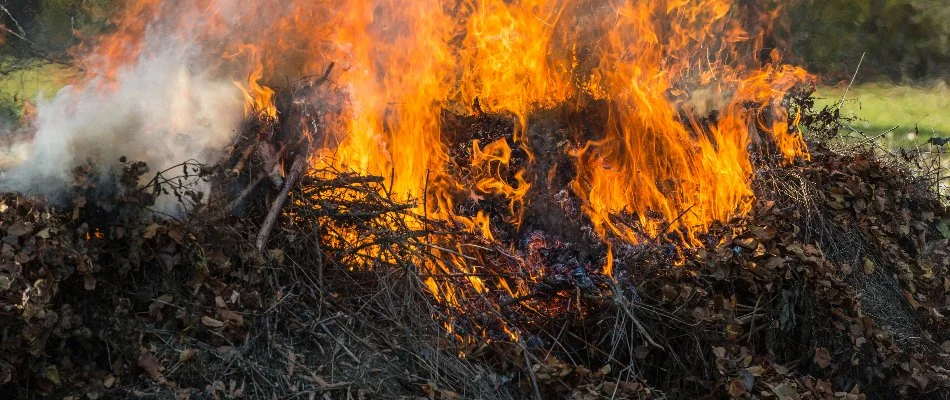 Pile of burning leaves with smoke in Lubbock, TX.