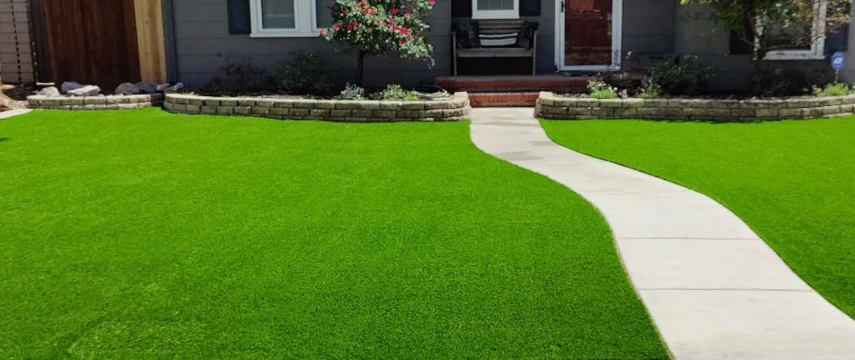 Artificial turf installed in front yard at Lubbock, TX home.