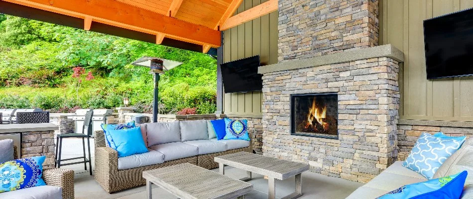 Outdoor fireplace in patio area in Lubbock, TX.