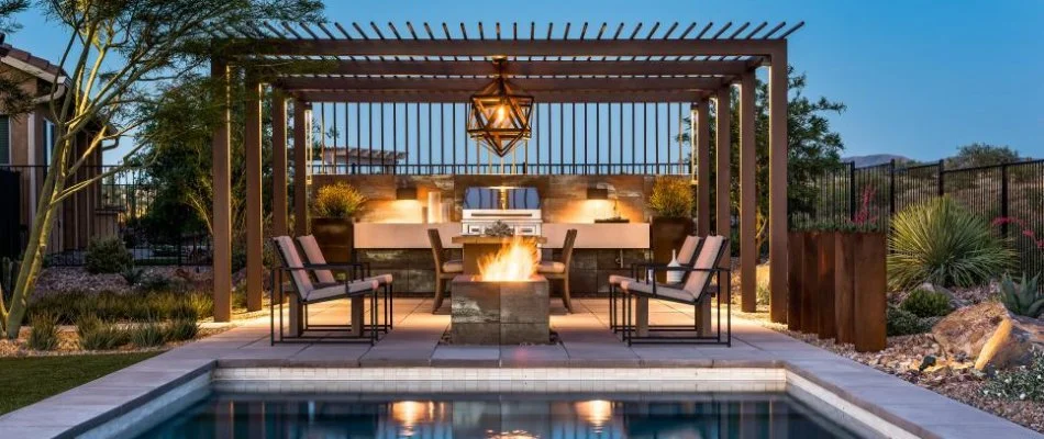 Cozy outdoor living space near pool in Ransom Canyon, TX.