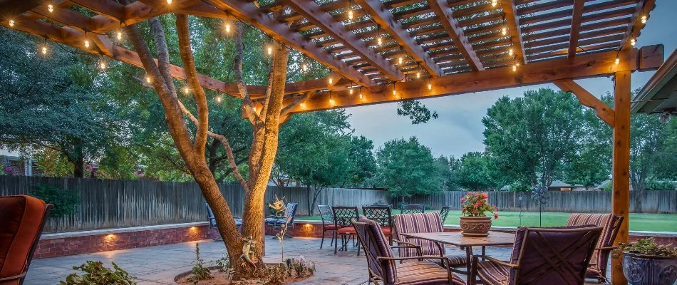 Pergola in Abernathy, TX, with outdoor lights.