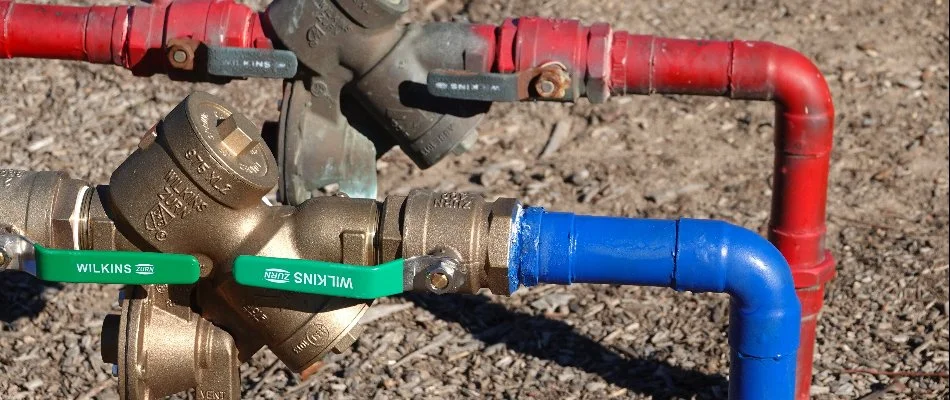 Red and blue irrigation lines in Lubbock, TX, with backflow preventer.