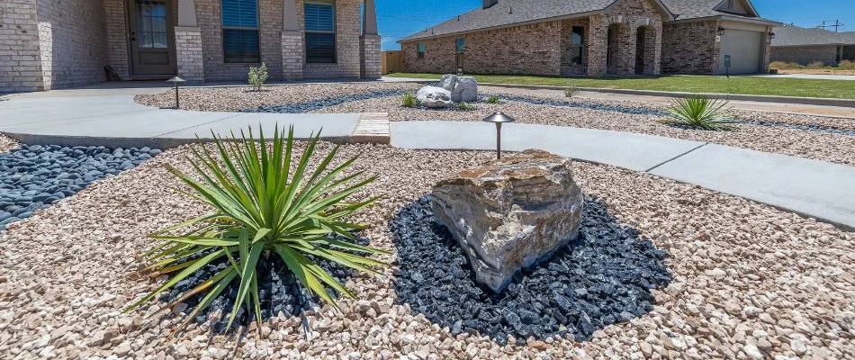 Xeriscape in Ralls, TX, with rocks and yucca plants.